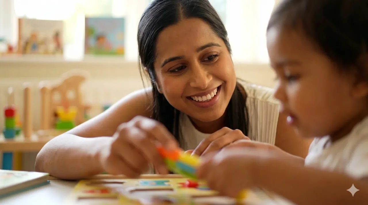 Illustration of Pooja smiling as a young child works on a wooden puzzle